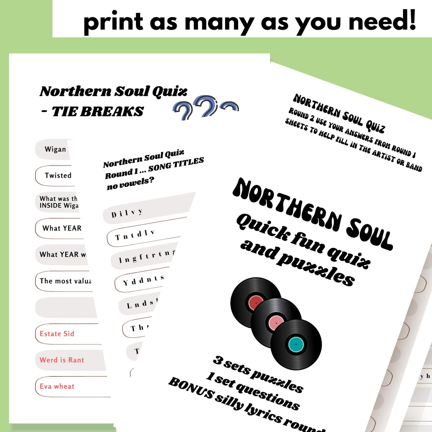 Northern Soul Quiz: Fun Party Game (PDF Download)no knowledge needed suitable all ages.