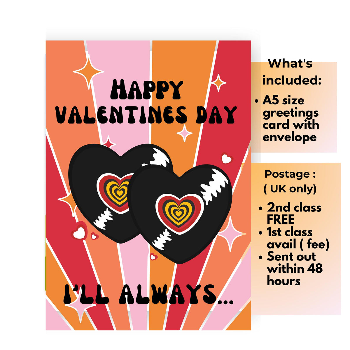 Valentine's Day card with two hearts and text on a colorful background of pink and red stripes