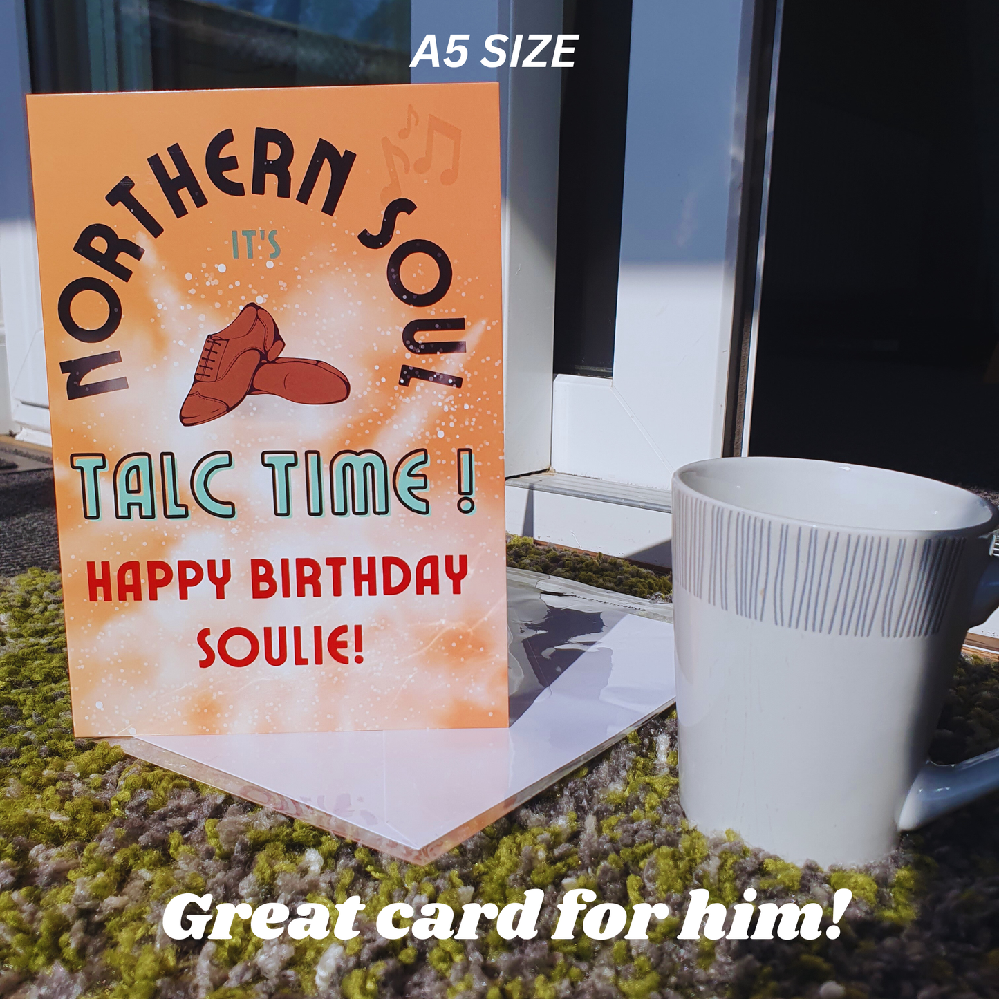 Northern Soul Birthday Card: Talc Time, Wigan Casino Fan mens shoes (A5)