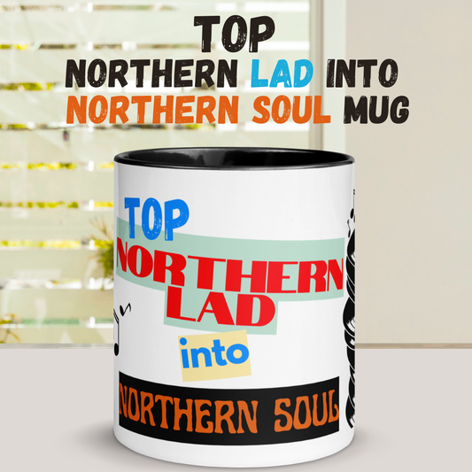 Mug with colorful text 'Top Northern Lad into Northern Soul' on a white background