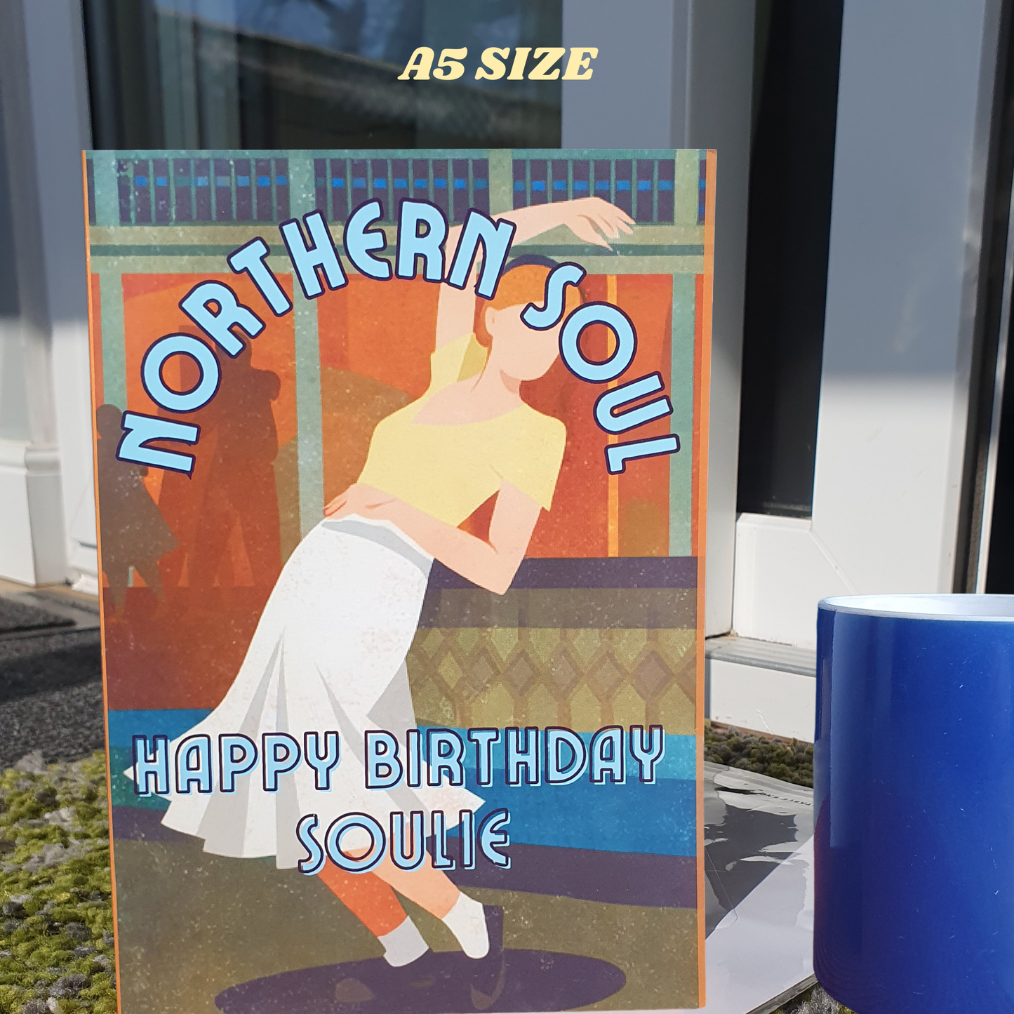 Birthday card with 'Northern Soul' design woman in long circular skirt.and text.