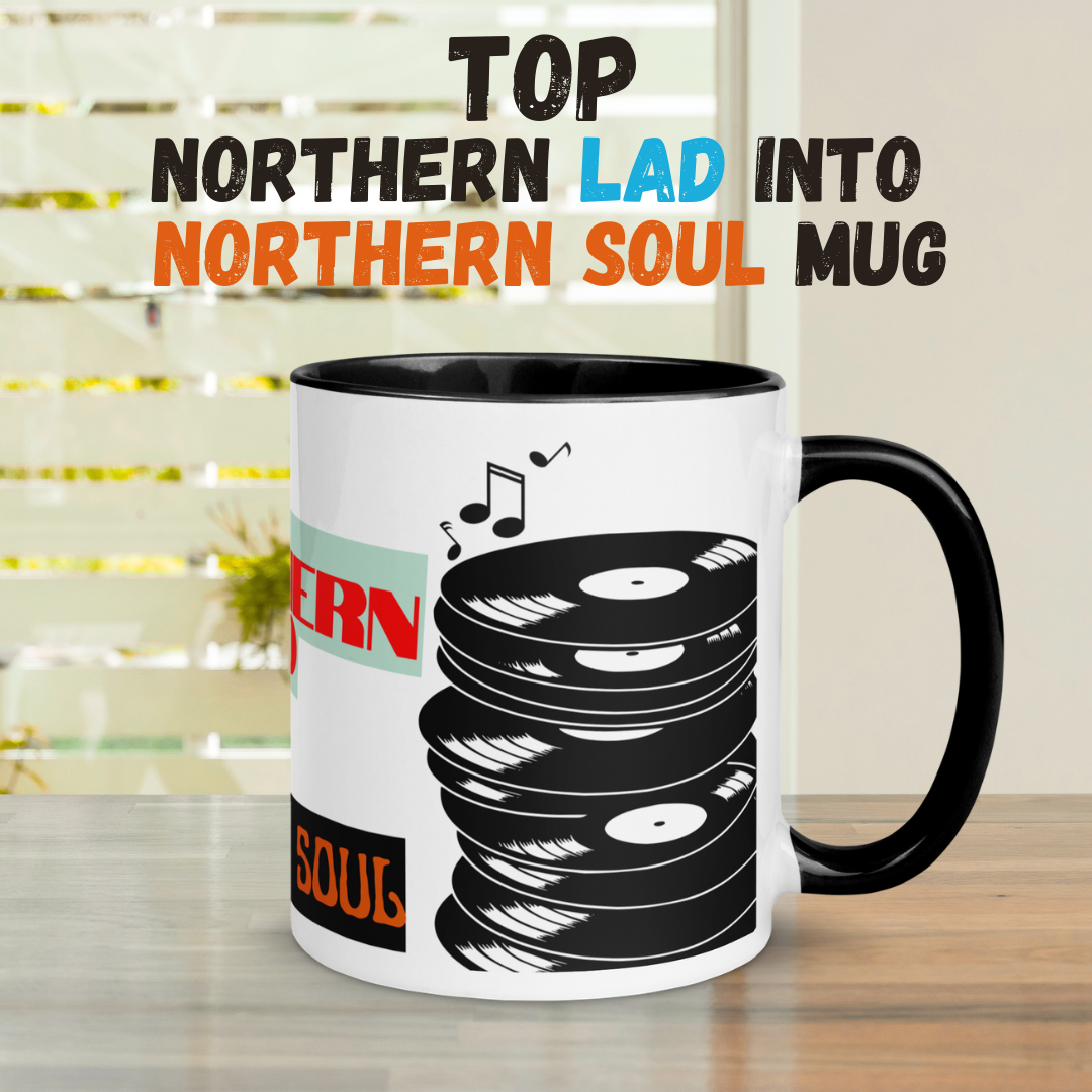 Mug with vinyl record design and text 'Top Northern Lad Into Northern Soul' on a blurred background