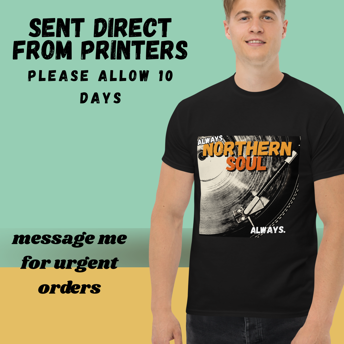 Person wearing a black t-shirt with 'Northern Soul' design on a gradient background