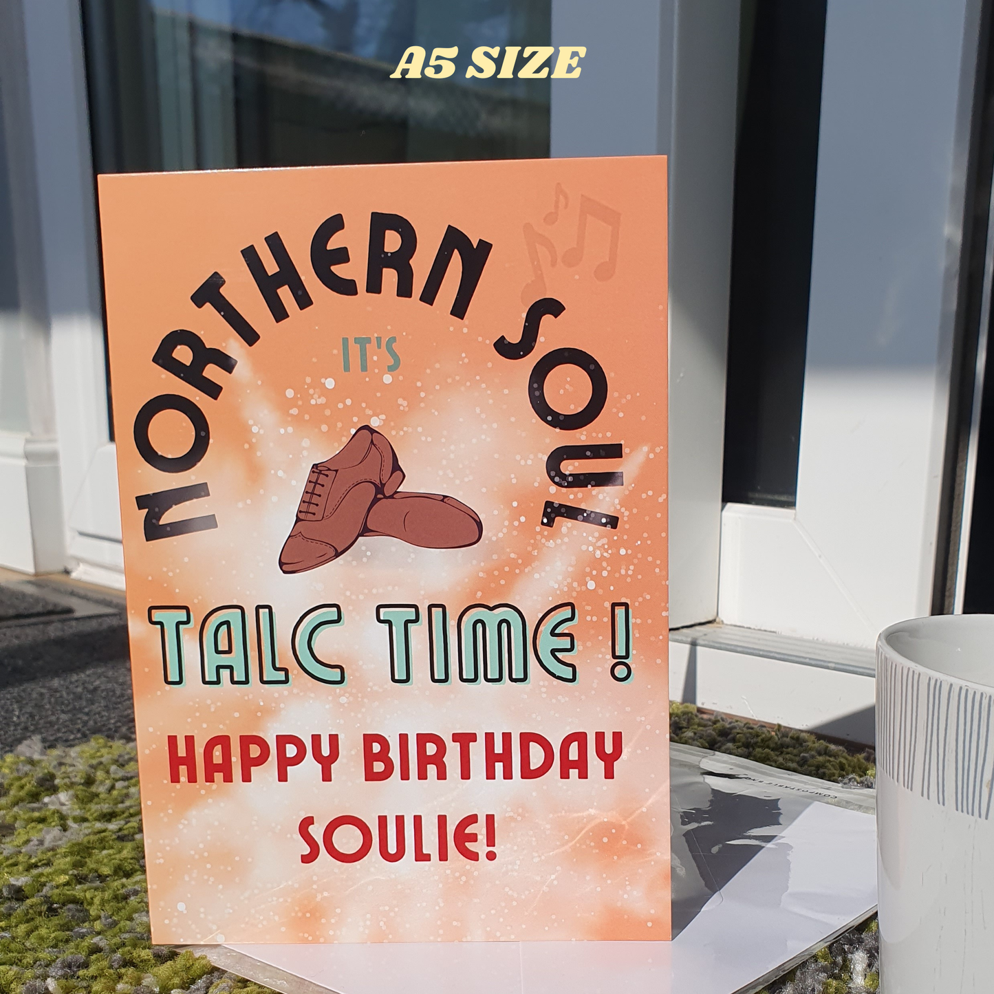 Northern Soul Birthday Card: Talc Time, Wigan Casino Fan mens shoes (A5)