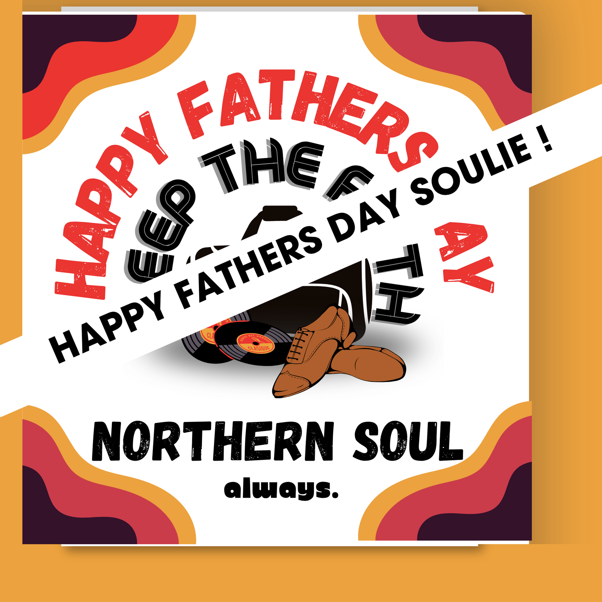 Father's Day card with Northern Soul theme and vinyl record illustration.