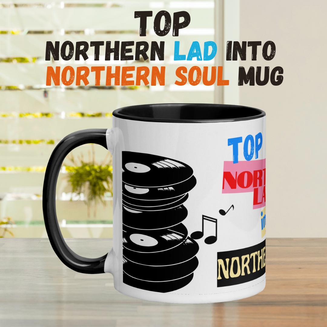 Mug with Northern Soul design and text on a wooden surface