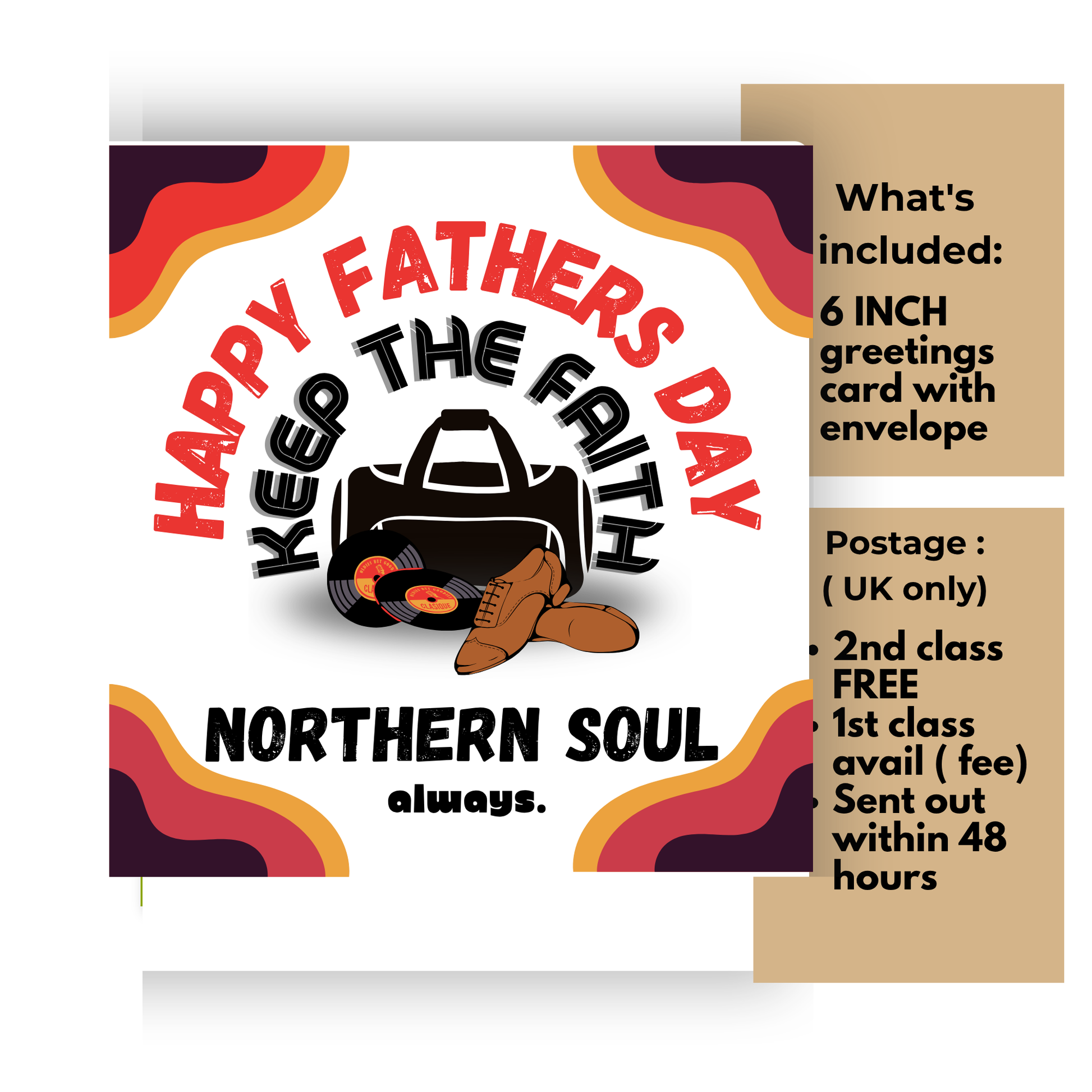 Father's Day card with Northern Soul design and envelope on a white background