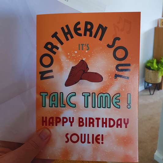 Northern Soul Birthday Card: Talc Time, Wigan Casino Fan mens shoes (A5)
