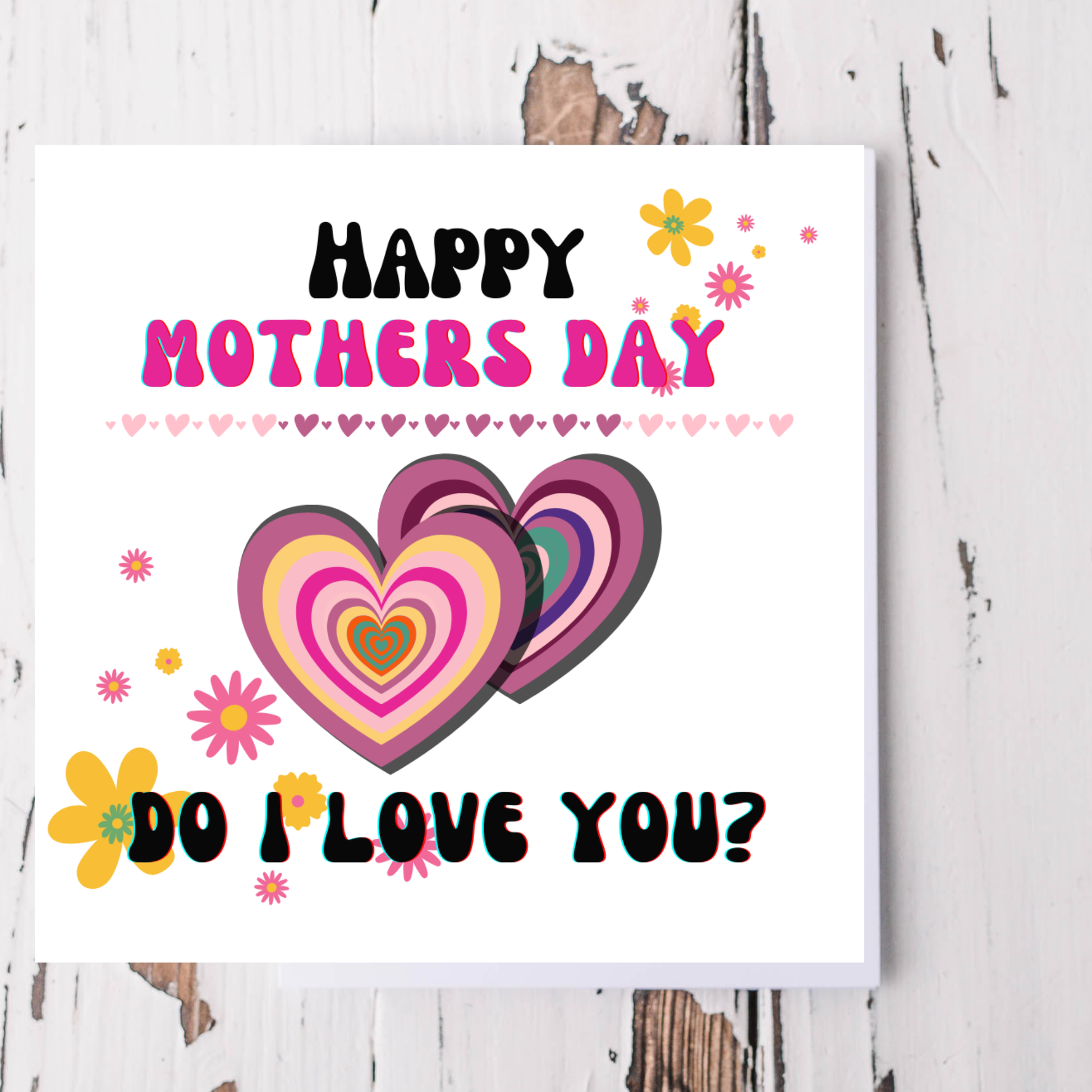 Northern soul Mother's Day card with colorful hearts and flowers on a white background