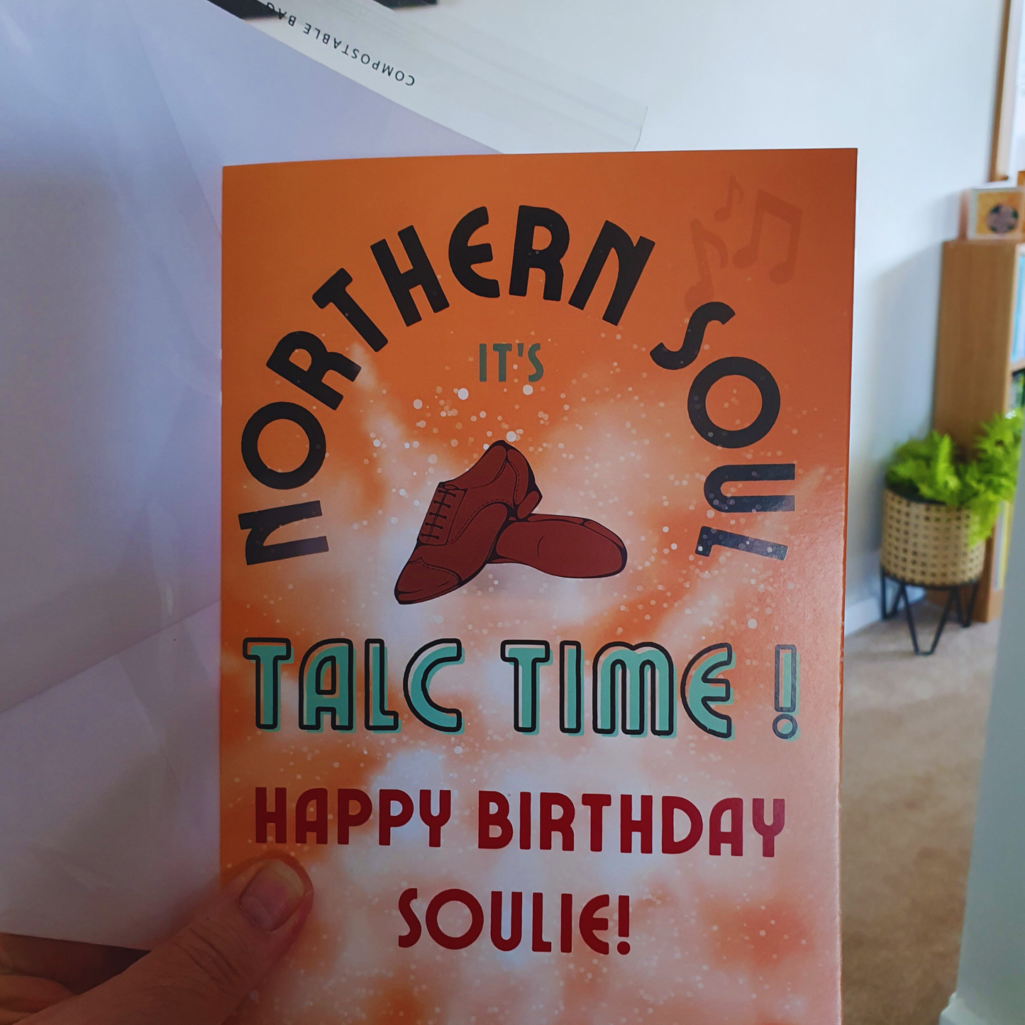 Northern Soul Birthday Card: Talc Time, Wigan Casino Fan mens shoes (A5)