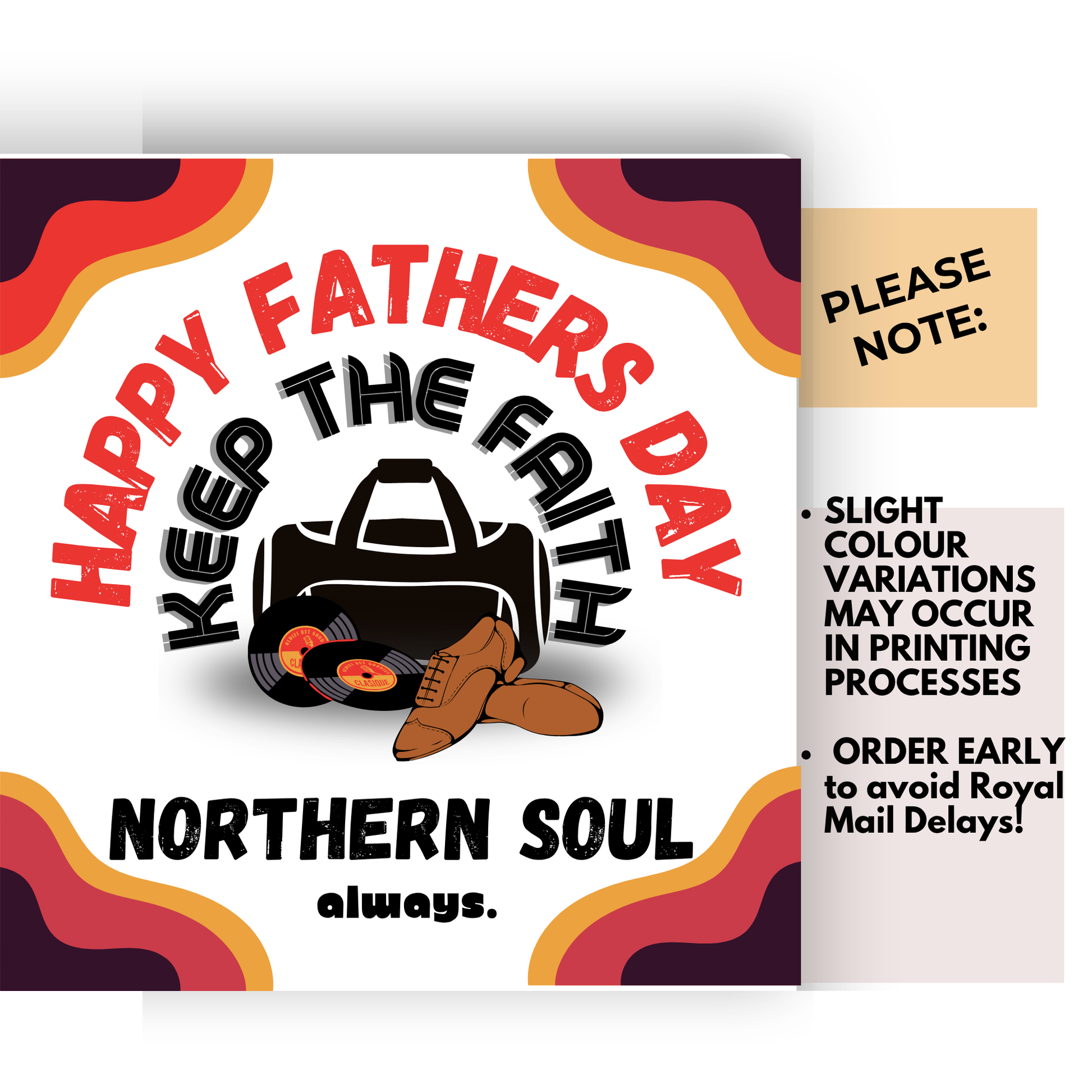 Fathers Day card with Northern Soul design, including text and graphics on a white background.