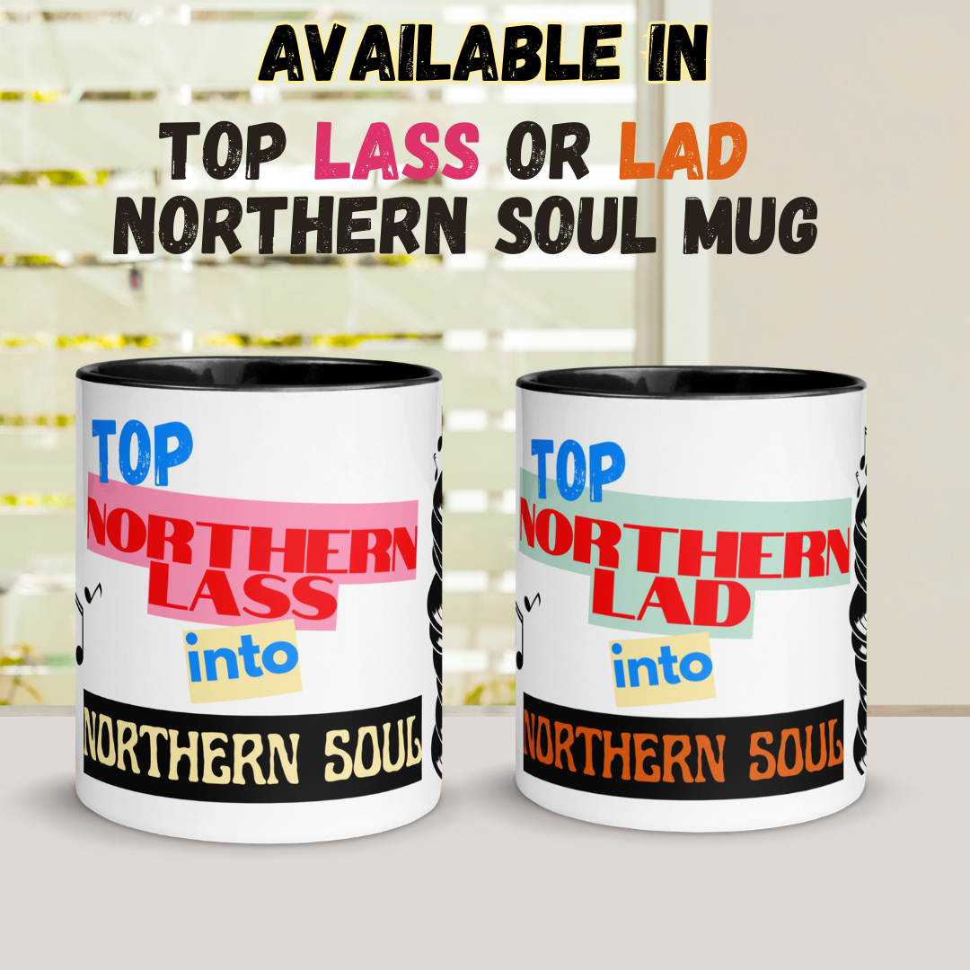 Two mugs with 'Top Northern Lass' and 'Top Northern Lad' text on a blurred background.