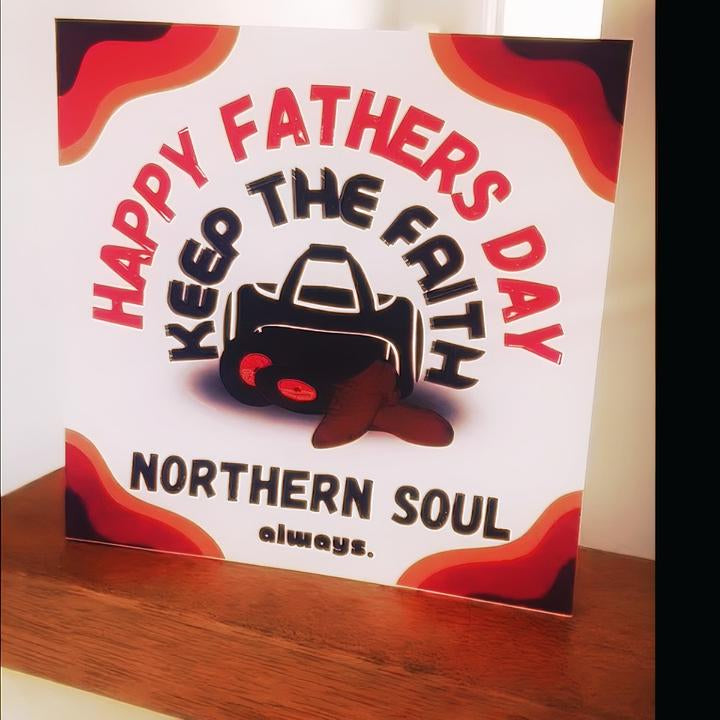 Northern Soul Fathers Day Card. 15cm square shoes bag and shoes. Keep the Faith text