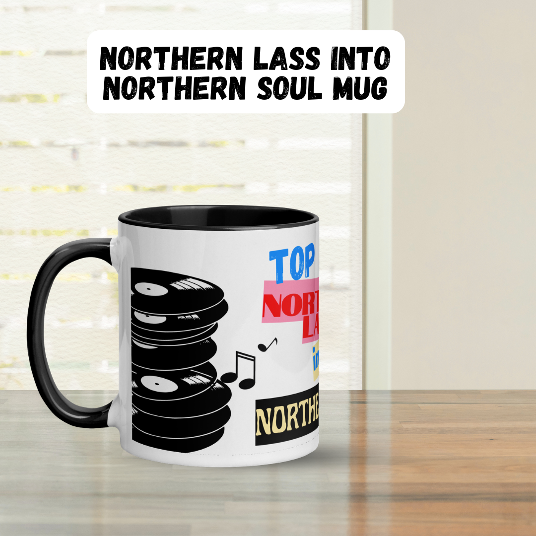 Mug with vinyl records design and text on a wooden surface