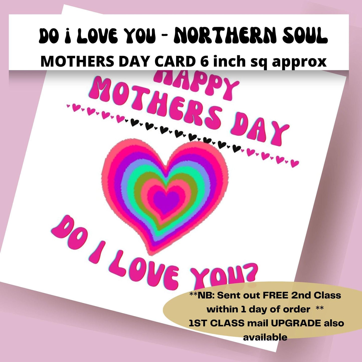 Mother's Day card with a colorful heart and text on a pink background