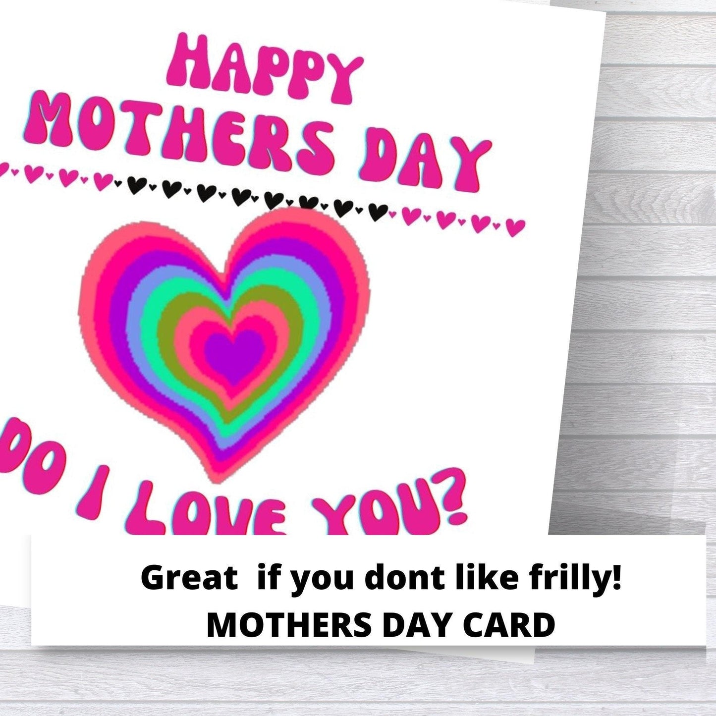 Mother's Day card with colorful heart design and text on a white background