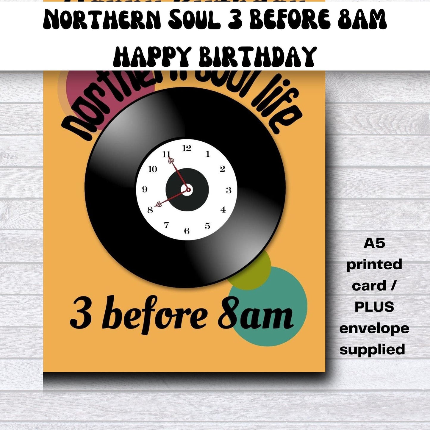 NORTHERN soul Greeting card with vinyl record design and text '3 before 8am' on a wooden surface.