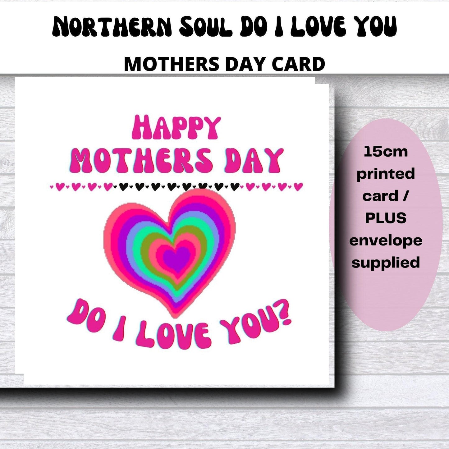 Mother's Day card with colorful heart design and text on a white background