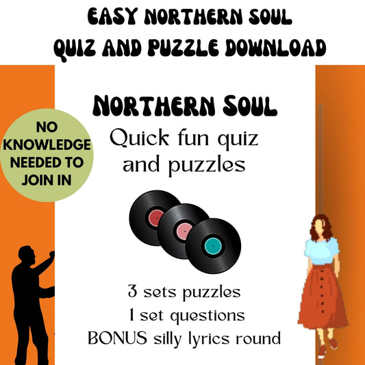 Northern Soul Fun Quiz: Instant Download Party Game (PDF) no knowledge needed