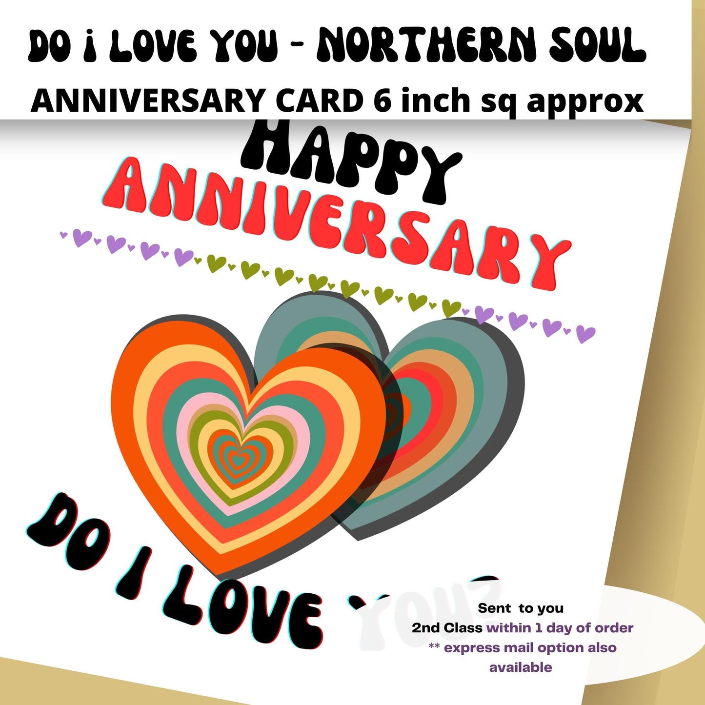 Anniversary card with colorful hearts and text 'Do I Love You - Northern Soul' on a white background.