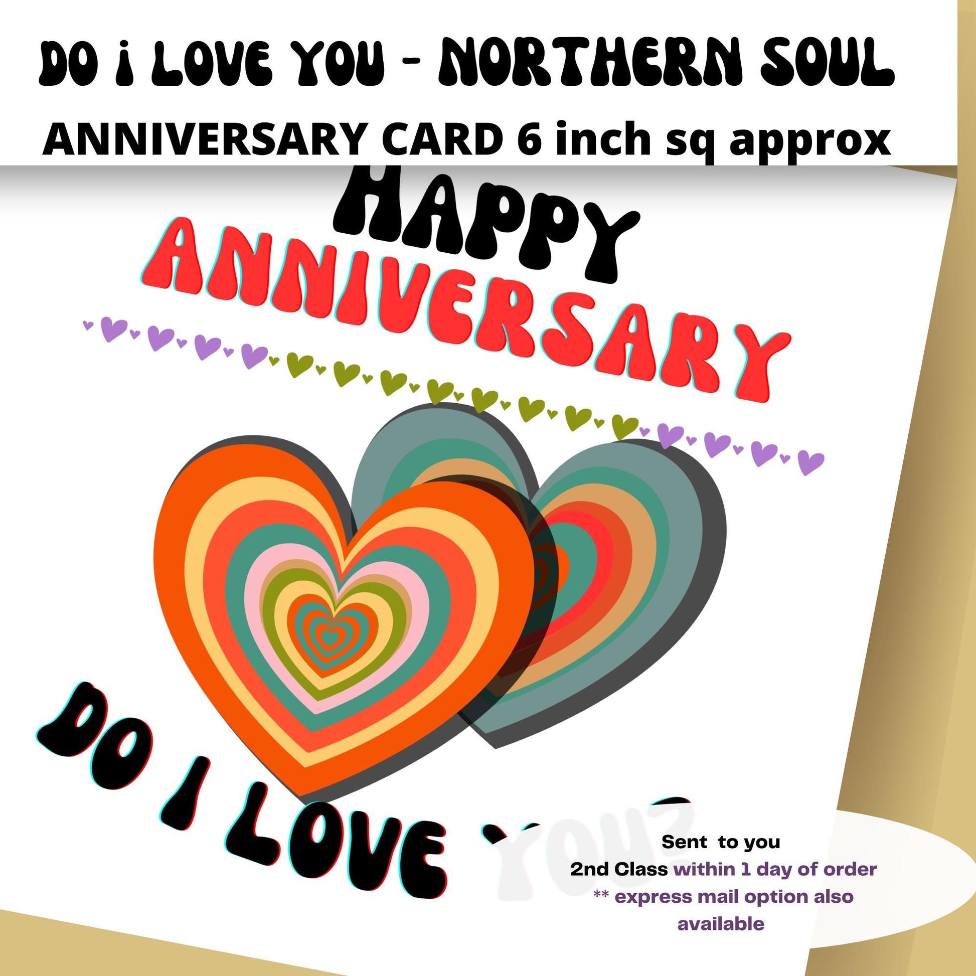 Anniversary card with colorful hearts and text 'Do I Love You - Northern Soul' on a white background.