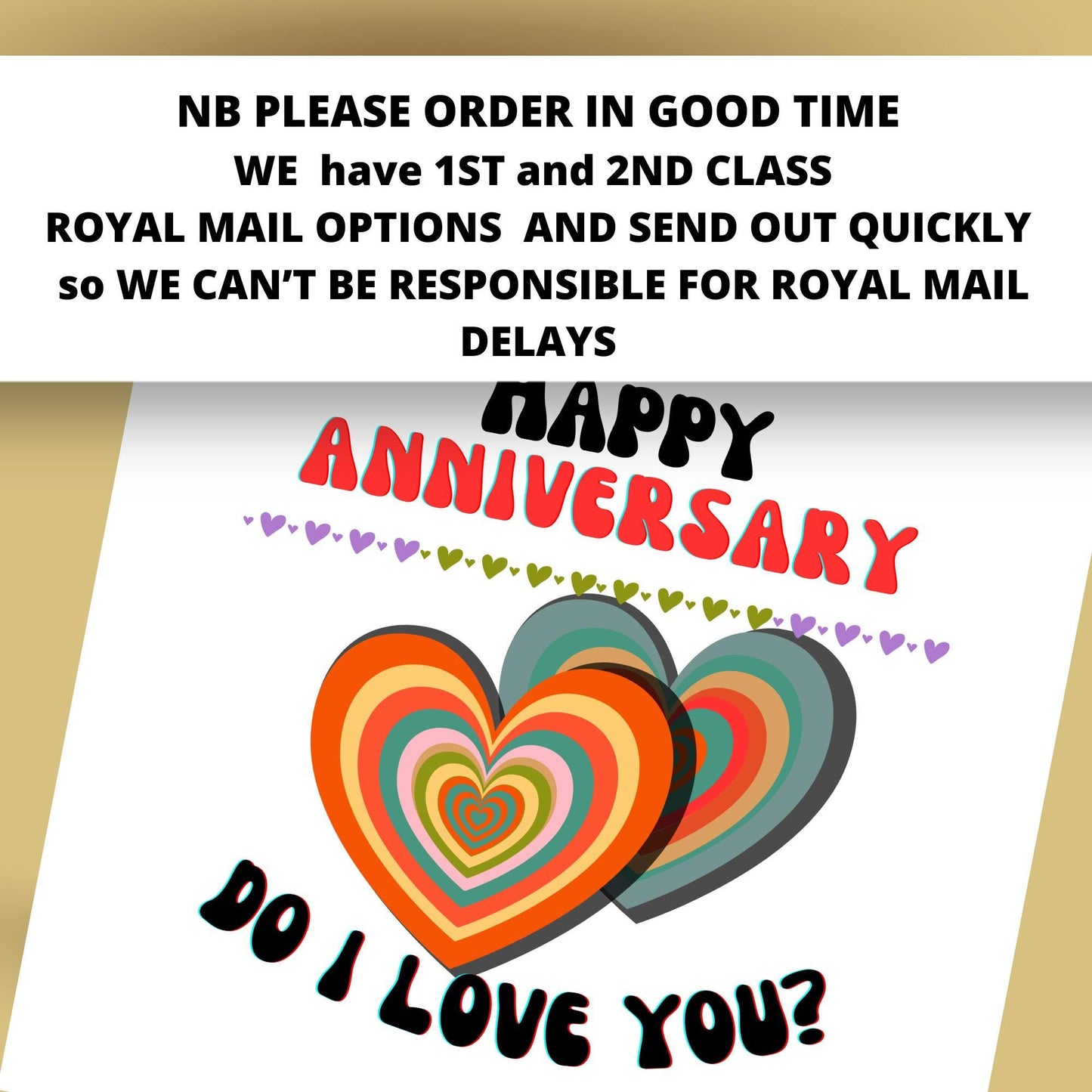 Happy Anniversary card with colorful hearts and text on a white background