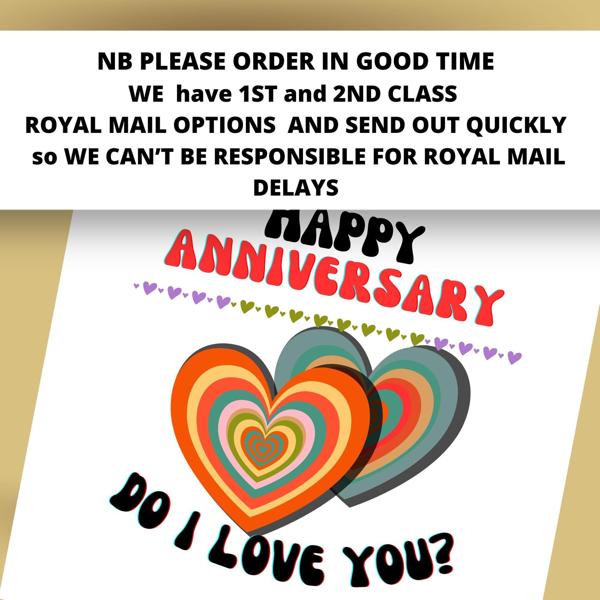 Happy Anniversary card with colorful hearts and text on a white background