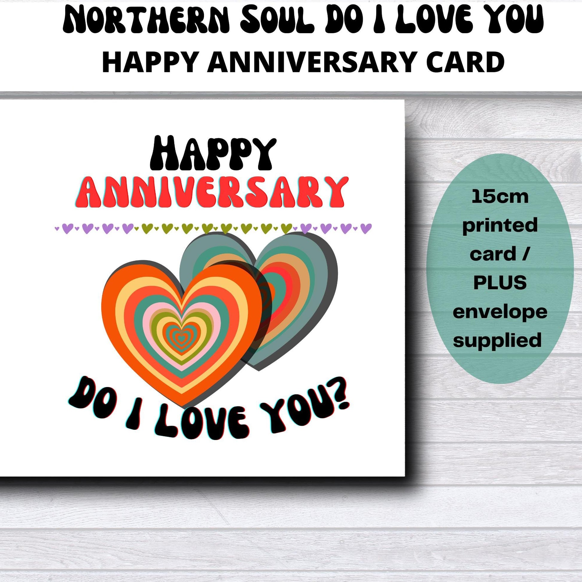 Happy Anniversary card with colorful hearts and text on a white background