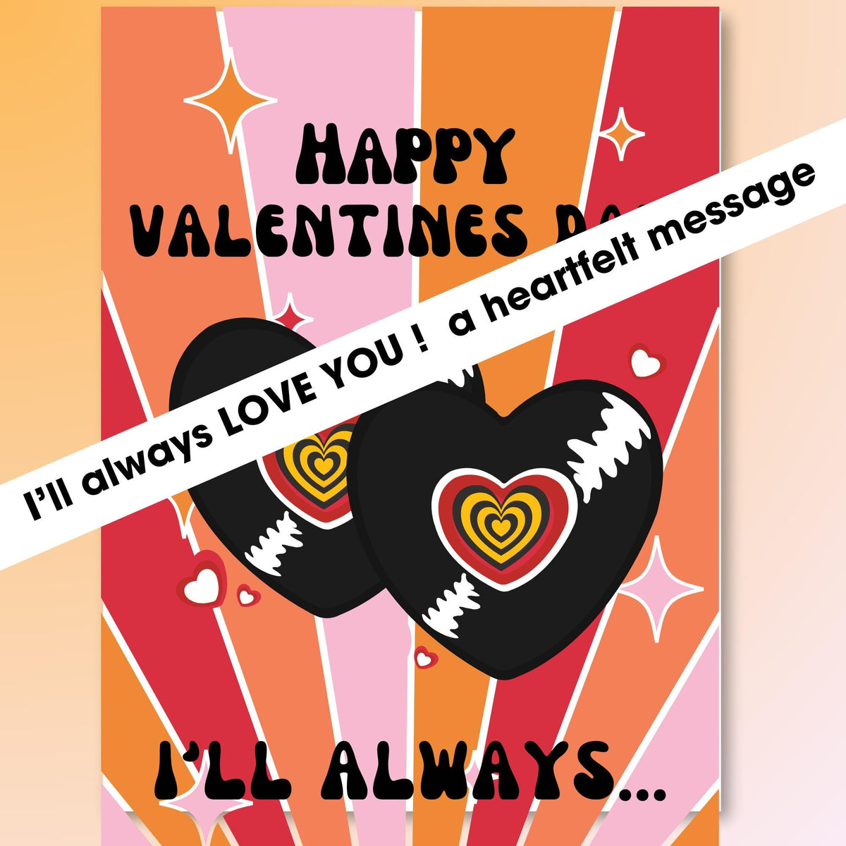 Valentine's Day card with hearts and colorful stripes of red and pink