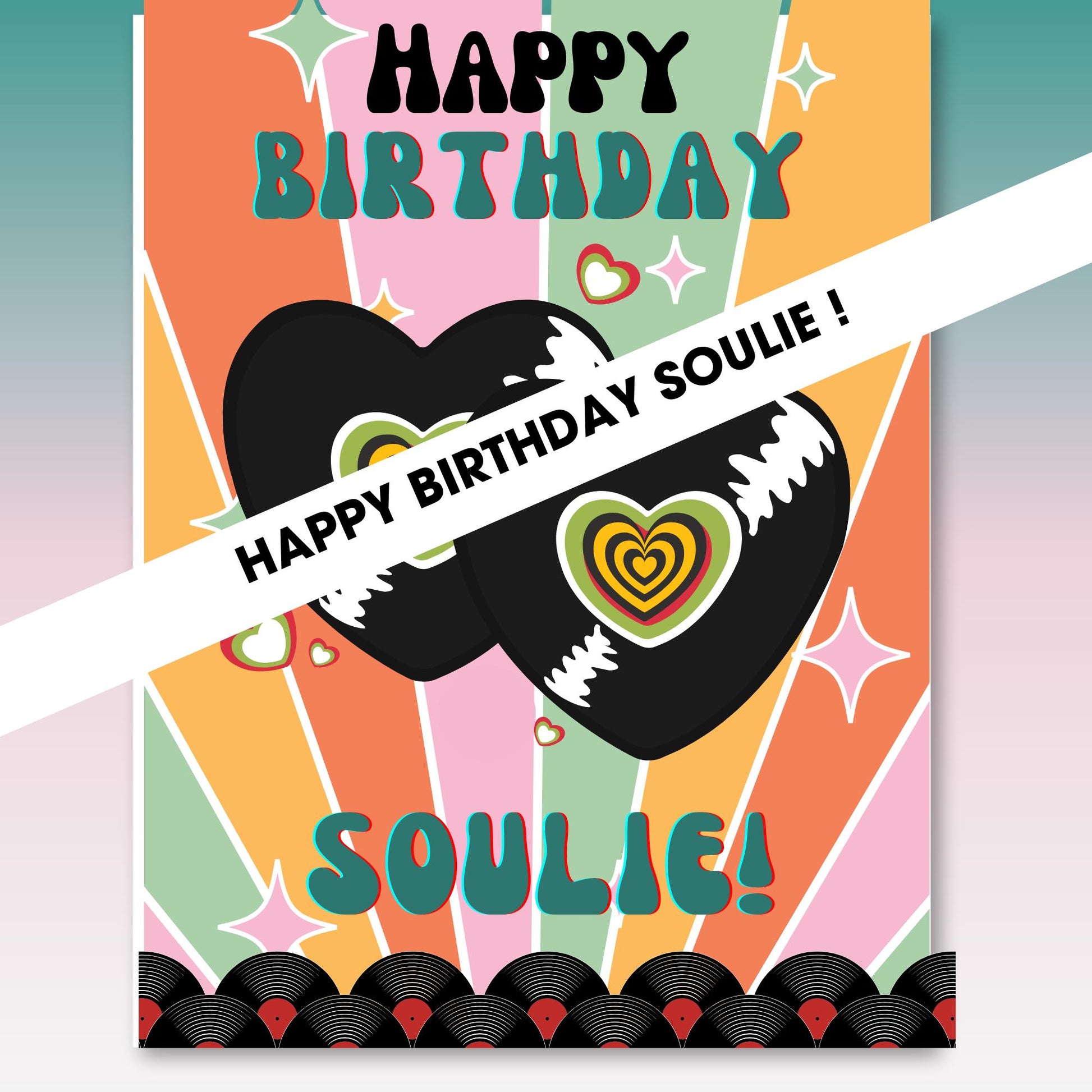 Colorful Northern soul birthday card with sunglasses and heart design, featuring 'Happy Birthday Soulie!' text.