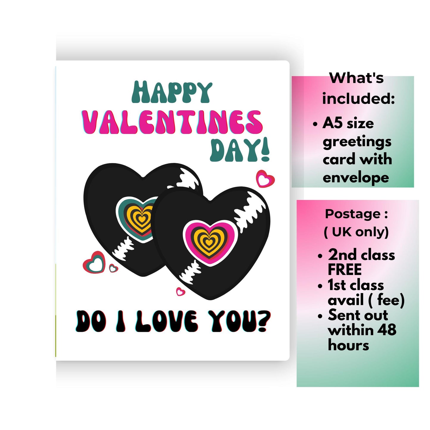 Valentine's Day card with two hearts and text 'Do I Love You?' on a white background.