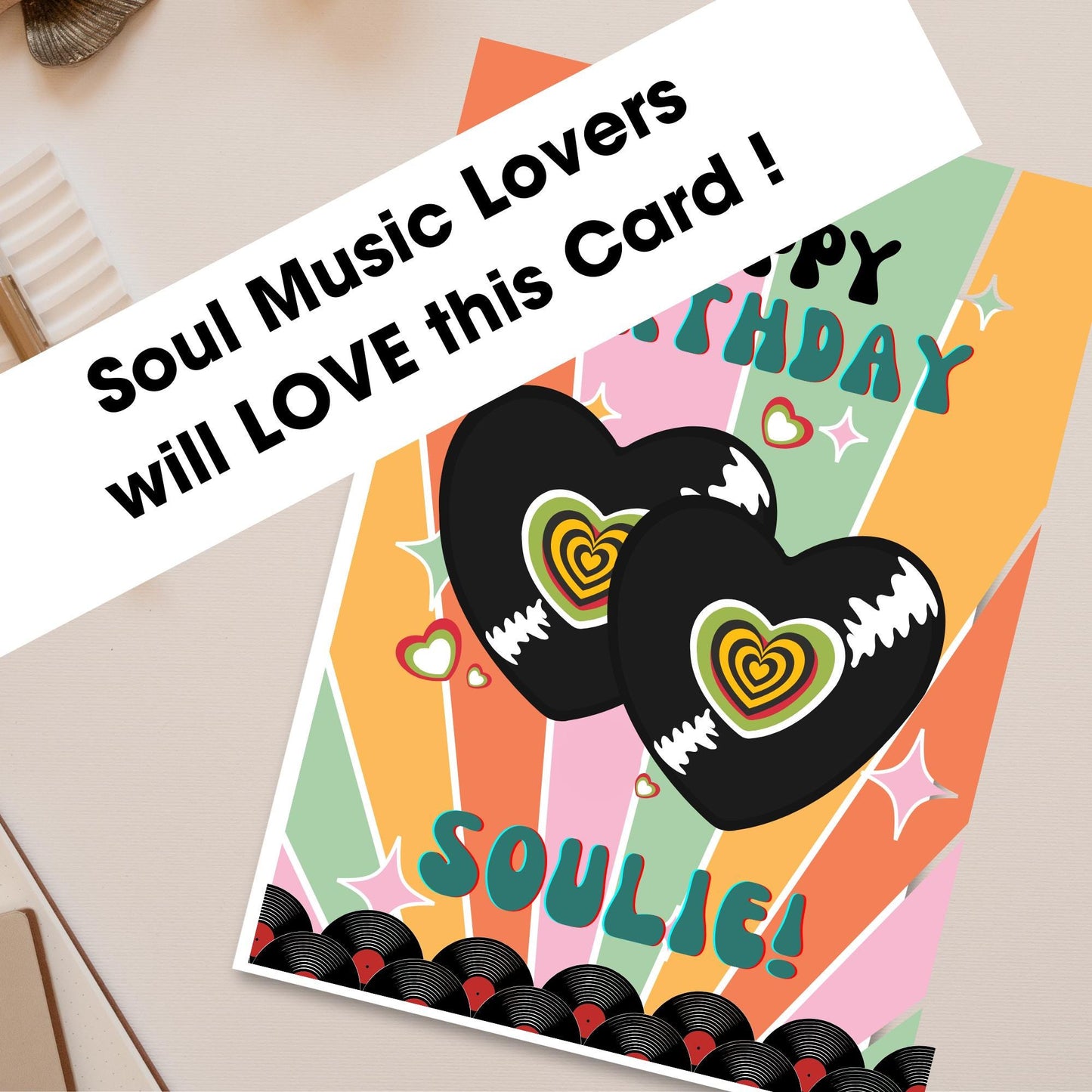 Northern soul Colorful birthday card with vinyl record design and text 'Soul Music Lovers will LOVE this Card! Happy Birthday SOULIE!' on a white background.
