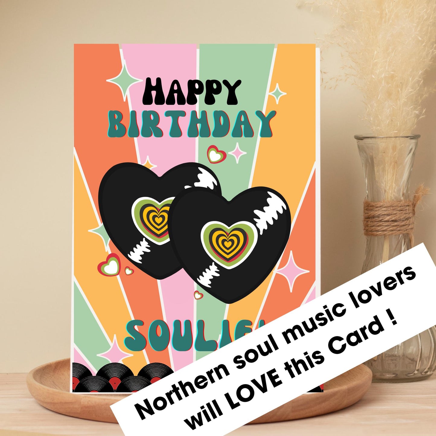 Northern soul Birthday card with hearts and vinyl records on a decorative surface