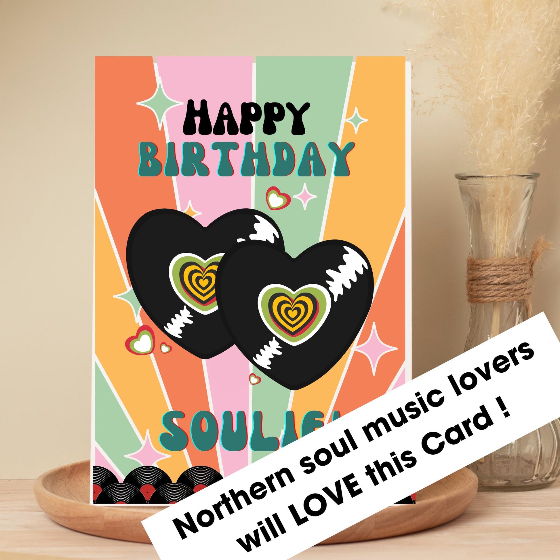 Northern soul Birthday card with hearts and vinyl records on a decorative surface