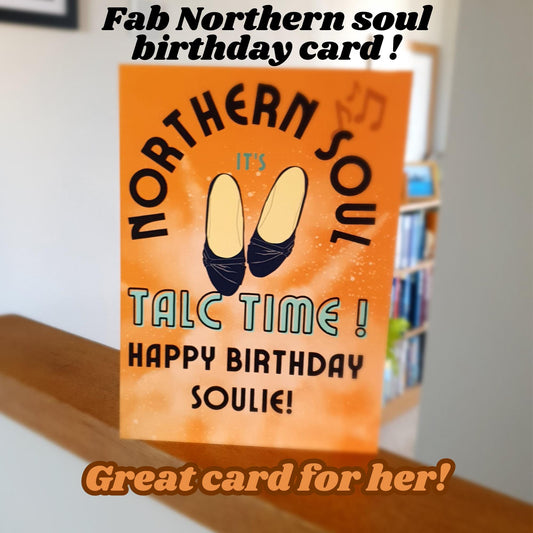 Northern Soul Birthday Card: Retro Soulie Talc Time Women's Shoes Design