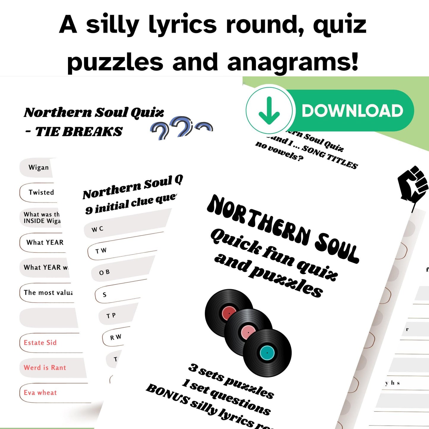 Northern Soul Quiz: Fun Party Game (A4 PDF) no serious knowledge needed