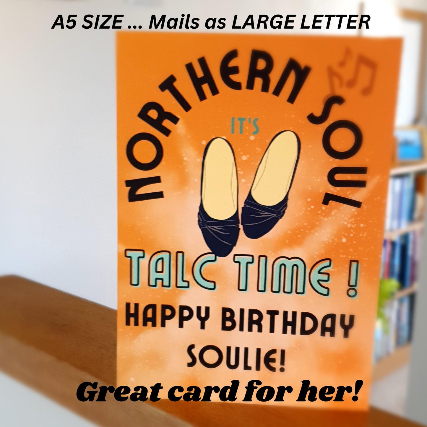 Greeting card with 'Northern Soul'  Happy birthday soulie design and text on an orange background with ladies womens shoes