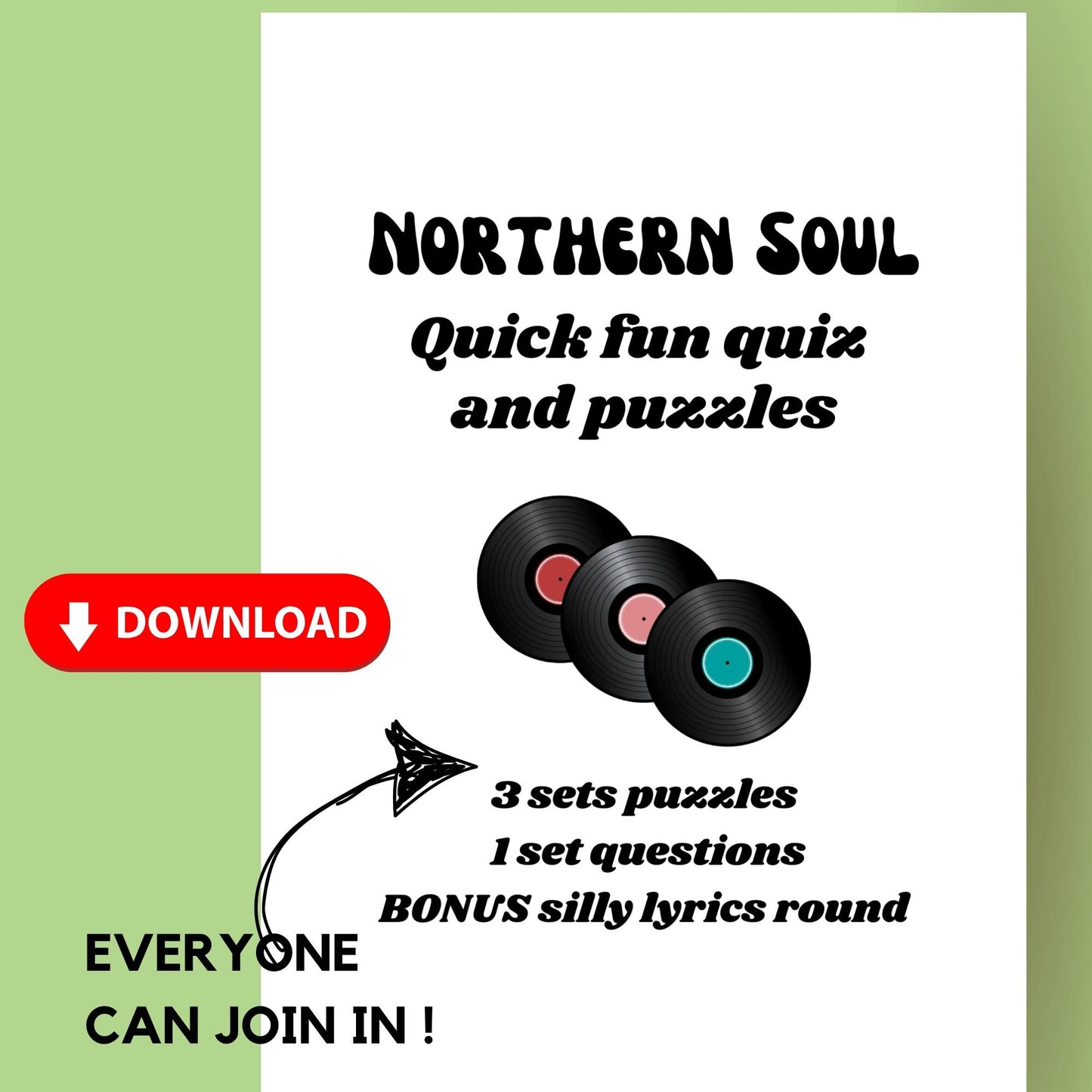 Northern Soul Quiz: Fun Party Game (A4 PDF) no serious knowledge needed