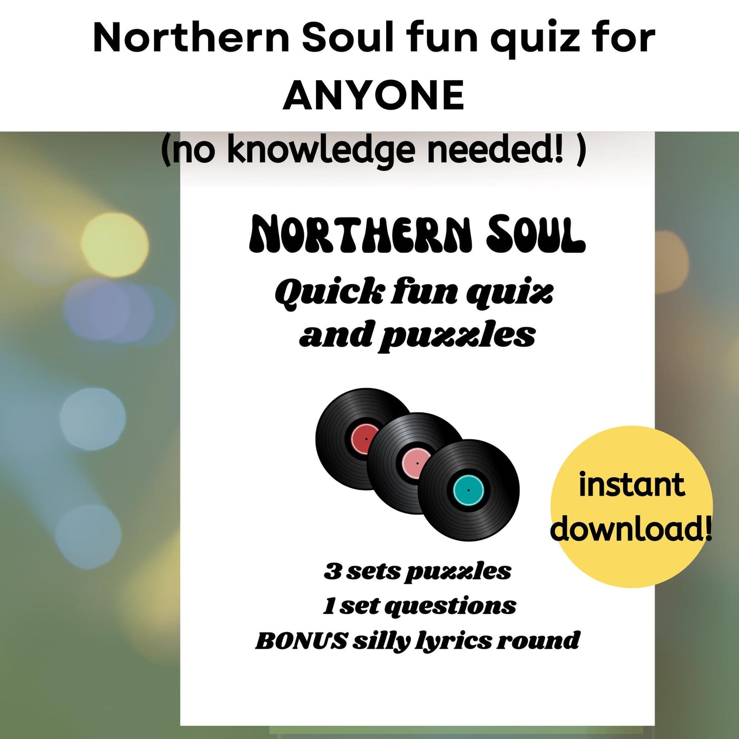 Northern Soul Quiz: Fun Party Game (A4 PDF) no serious knowledge needed