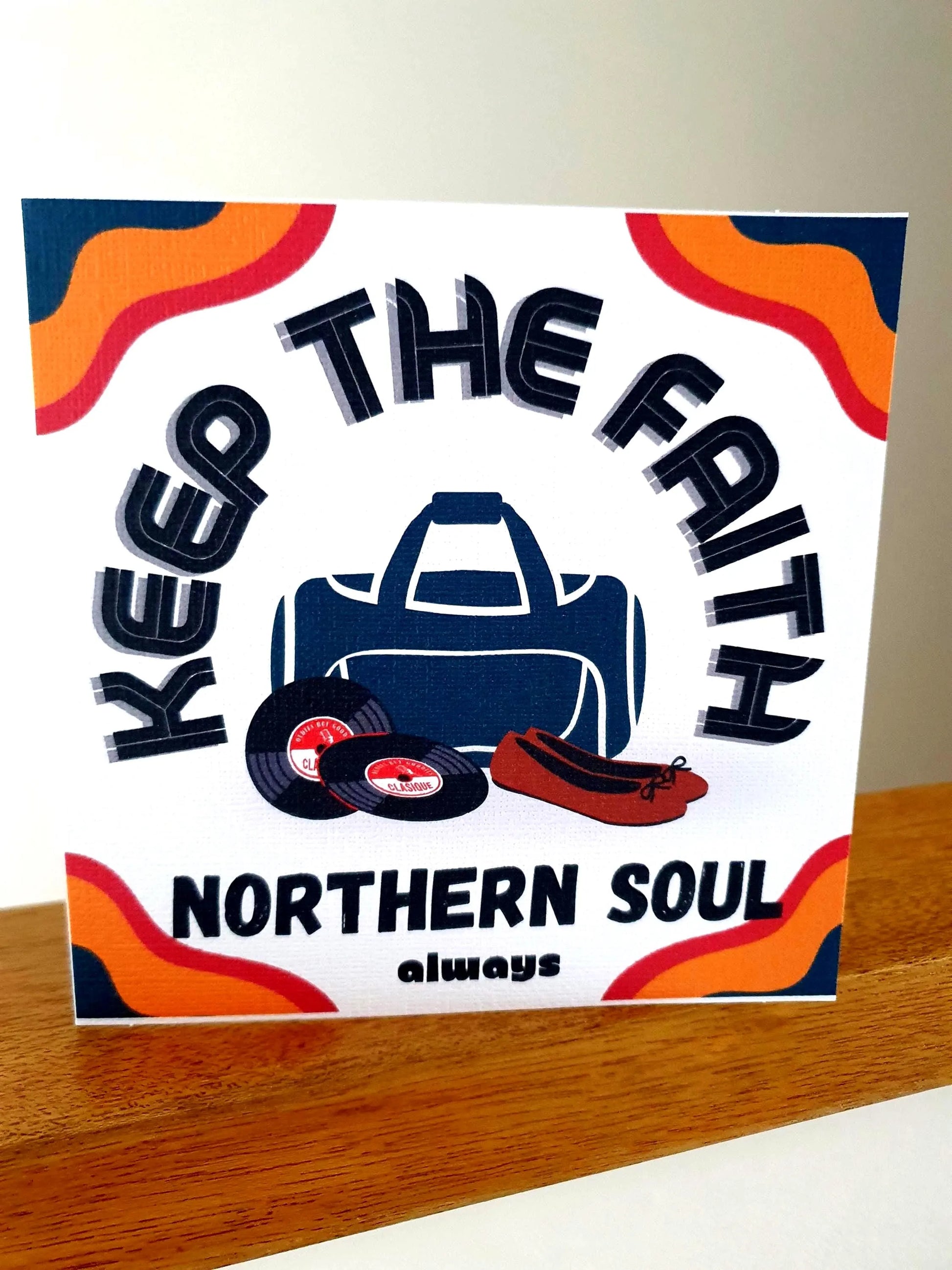 Card with 'Keep the Faith Northern Soul always' text and vinyl record graphics on a white background. Also shows womens shoes