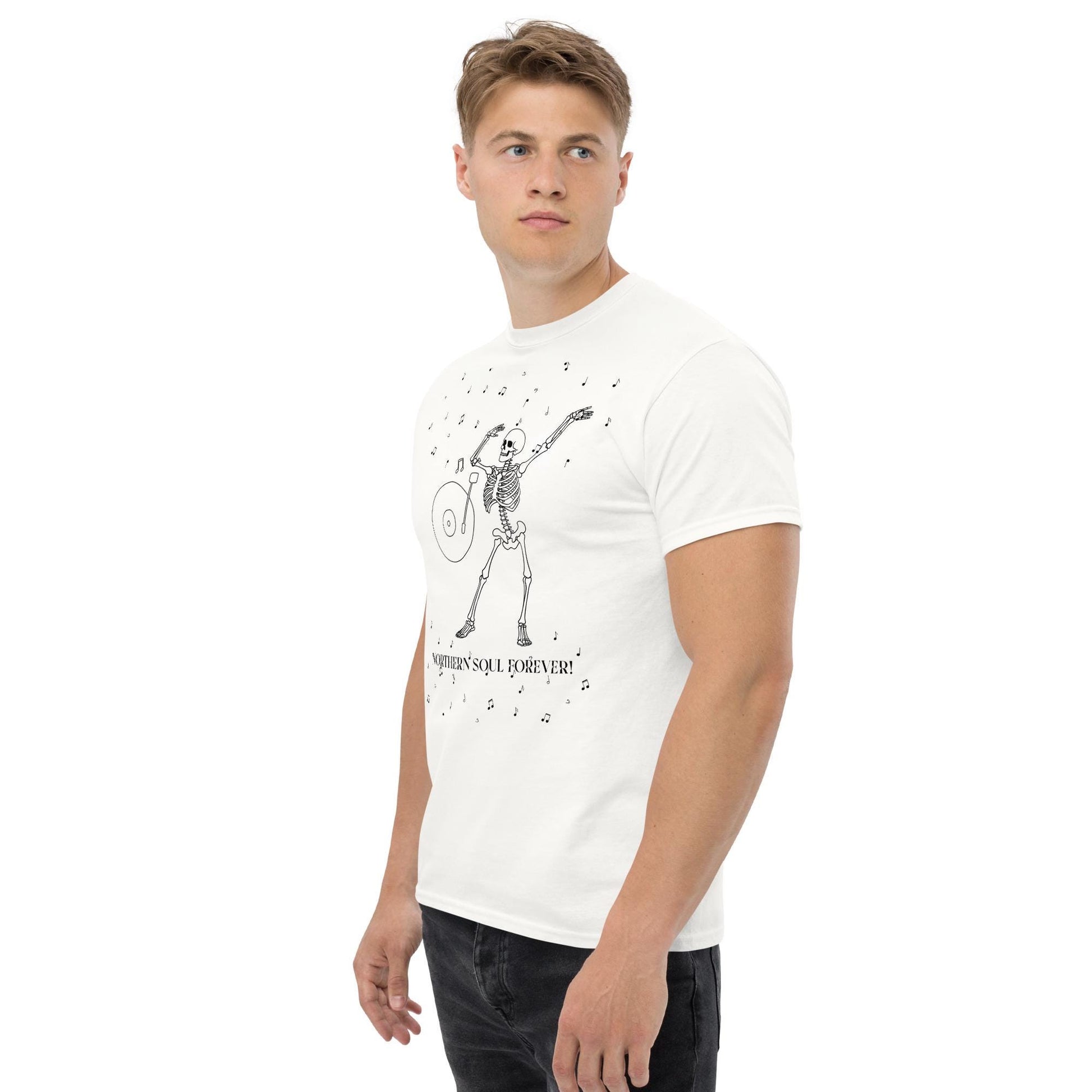 Man wearing a northern soul white t-shirt with a skeleton design and text on a white background