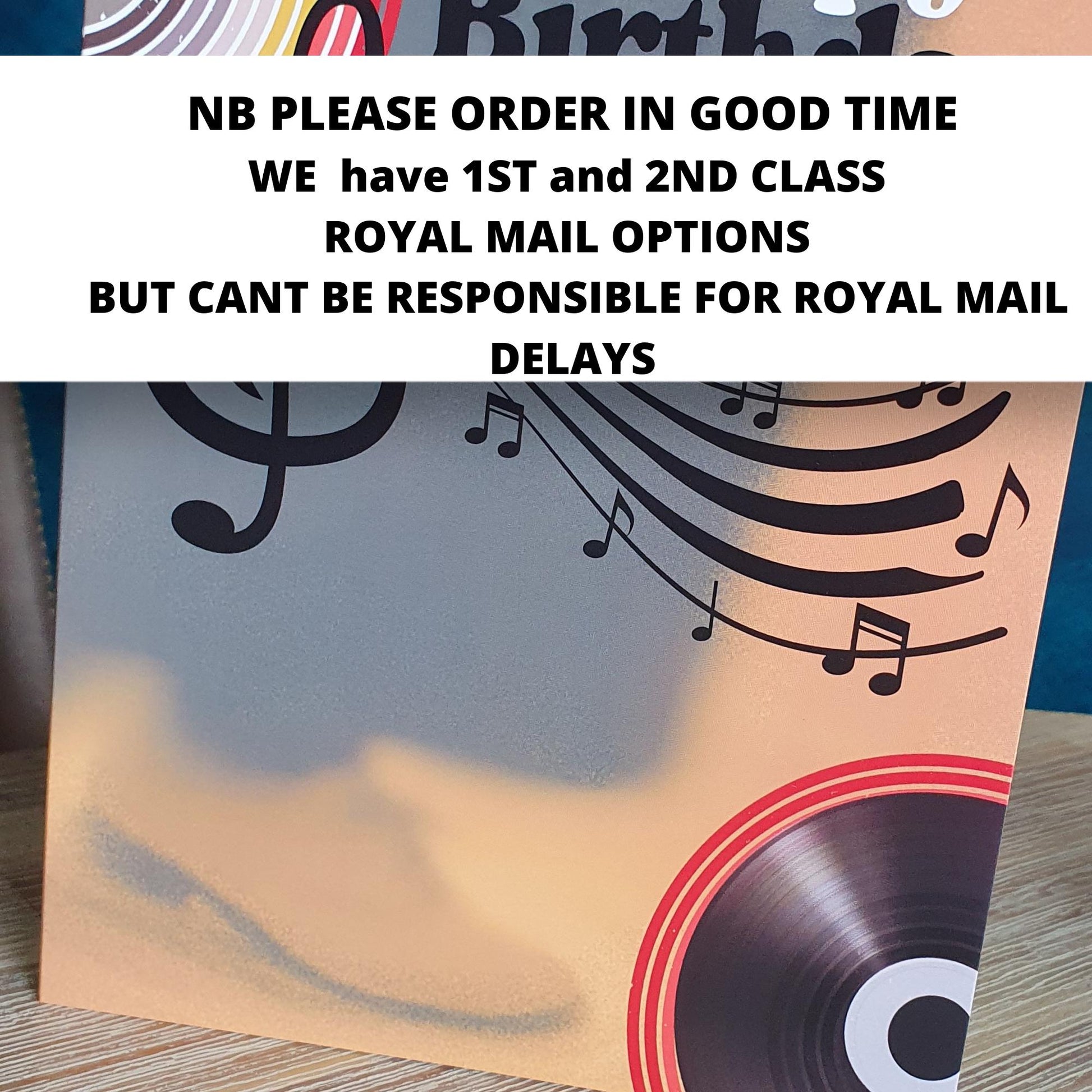 Happy Birthday card with mens trousers and shoes and music notes and record design on a wooden surface and text about ordering options.