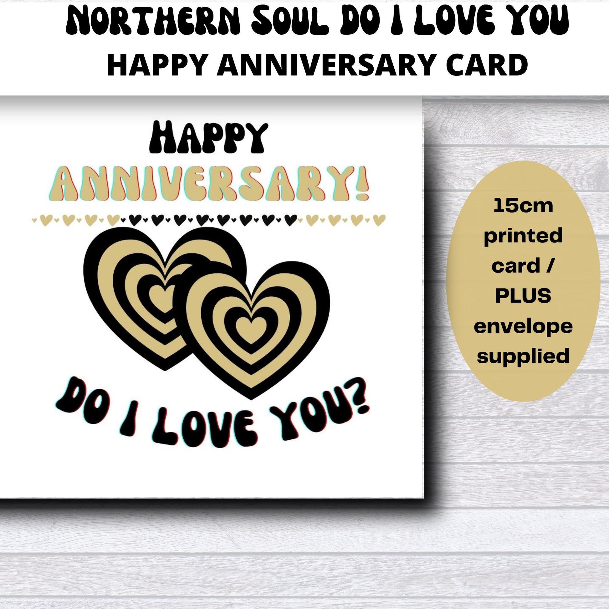 Happy Anniversary card with gold hearts and text on a white background