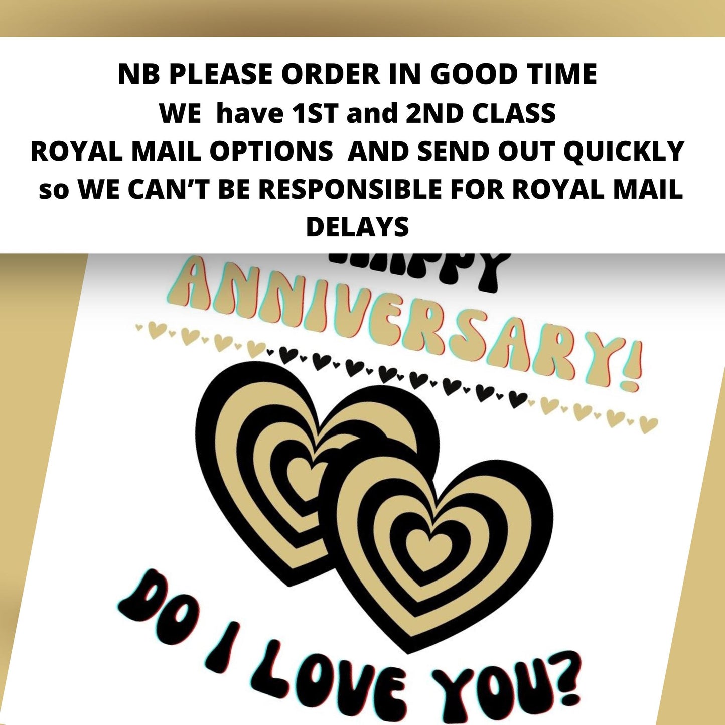 Card with gold hearts and text 'Do I Love You?' on a white background