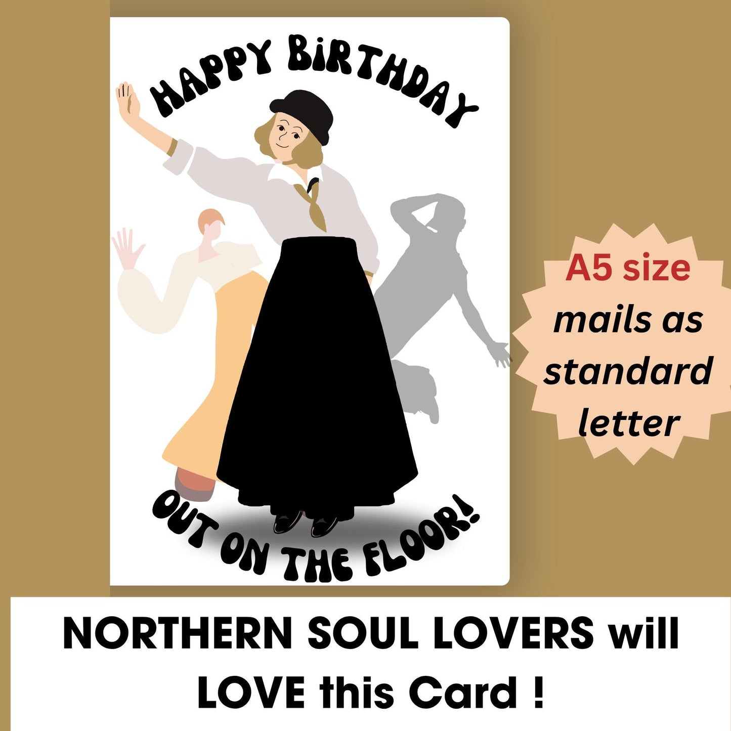 Birthday card with a design of two people dancing in background and a woman in a long circular skirt in the foreground and text 'Happy Birthday Out on the Floor!' on a beige background.