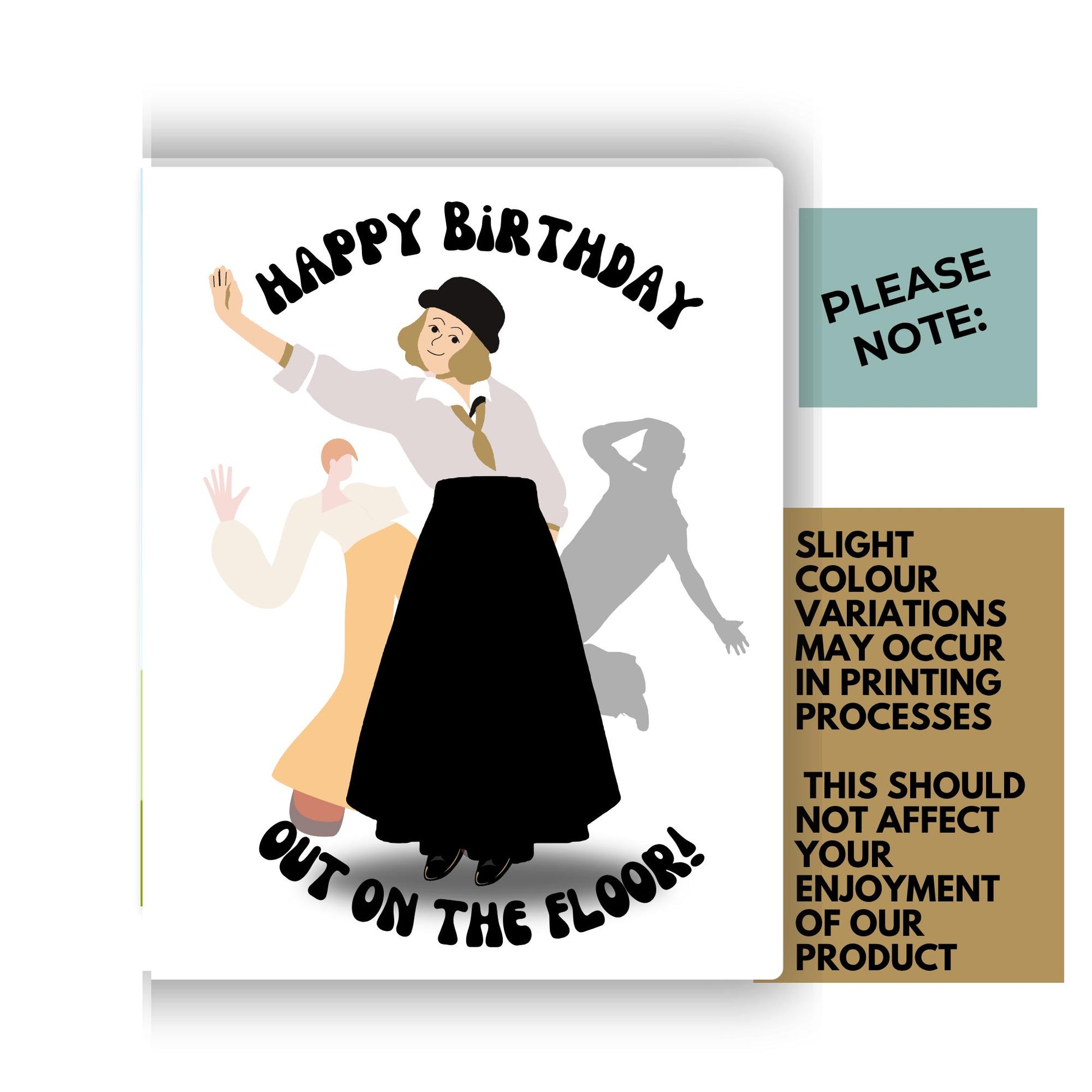 Birthday card with illustration of a woman dancing and text 'Happy Birthday Out on the Floor' on a white background.