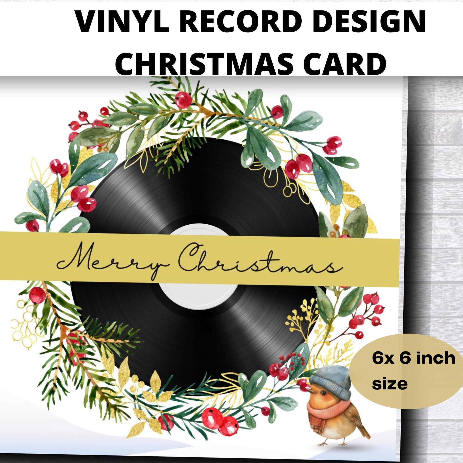 Christmas card with vinyl record design, wreath, and 'Merry Christmas' text.