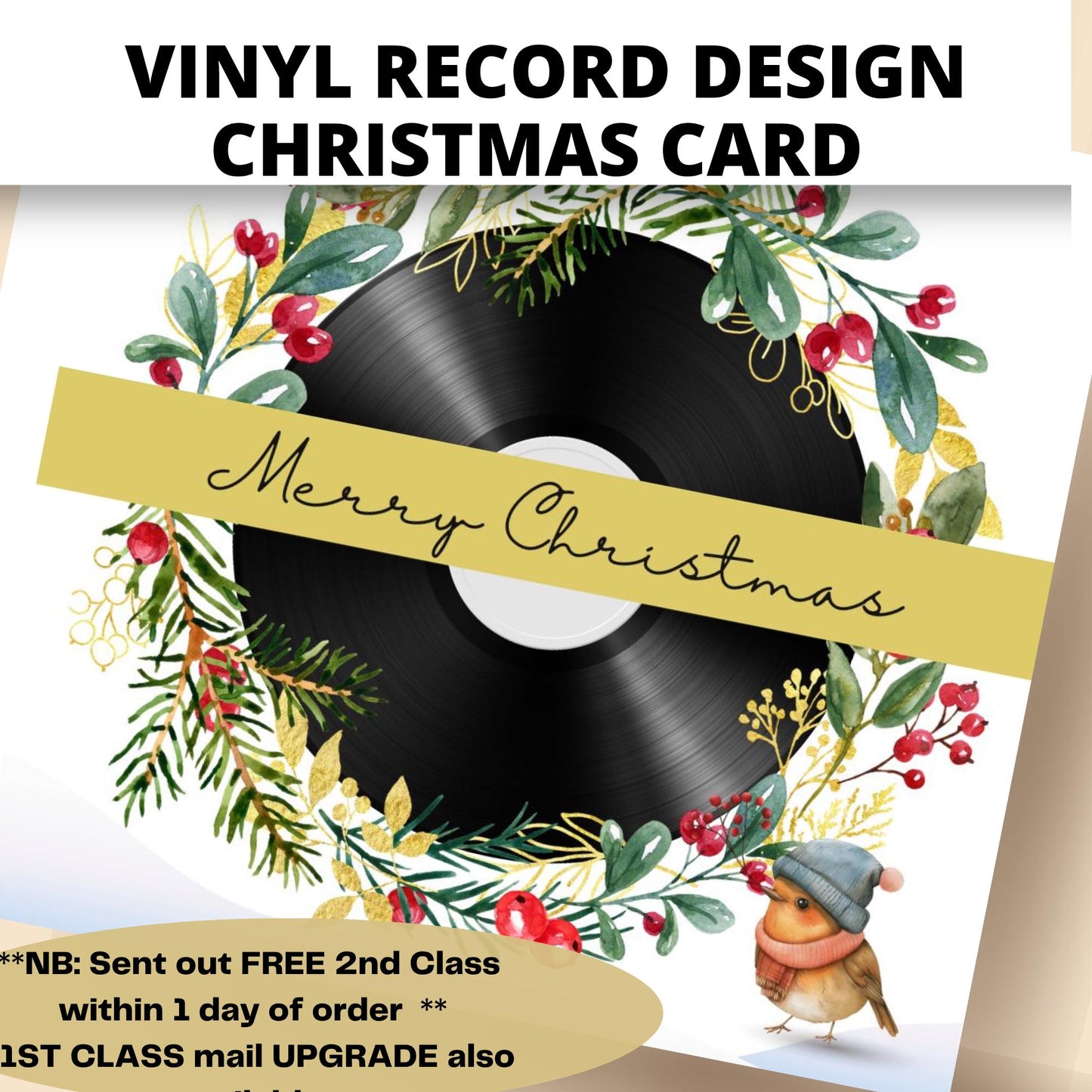 Vinyl record design Christmas card with festive elements and a bird wearing a hat.


