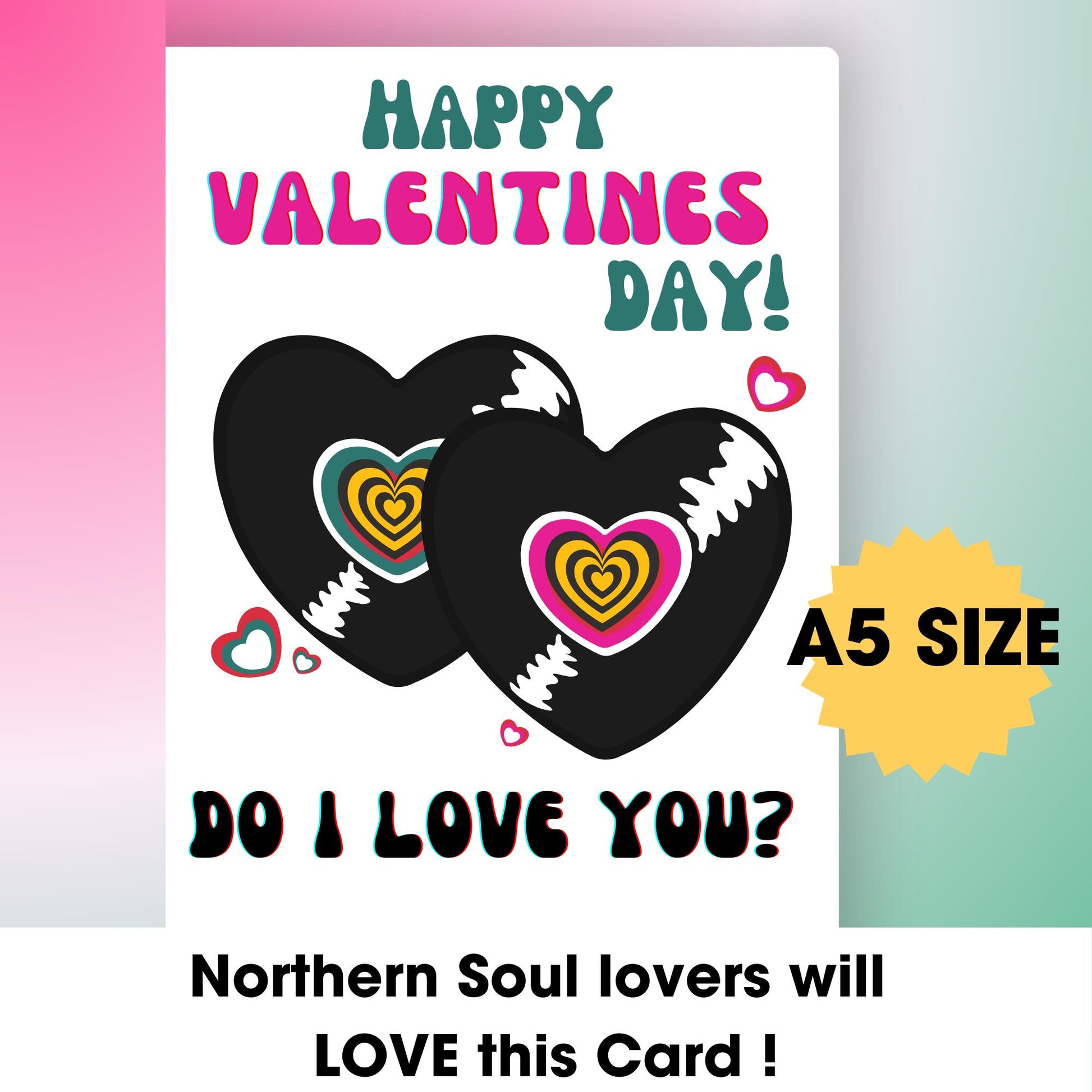 Valentine's Day card with hearts and text on a colorful background