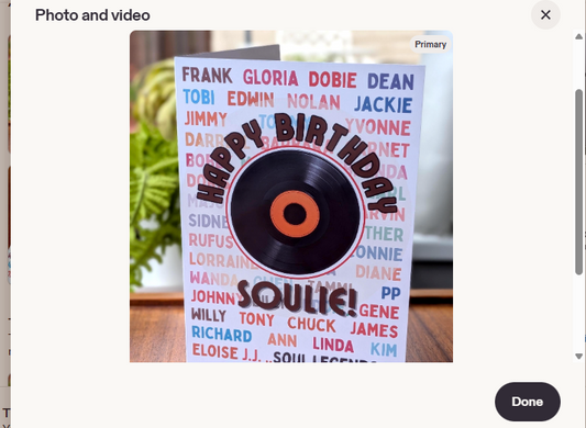 Northern Soul Happy Birthday Soulie card with vinyl record design and soul legend names